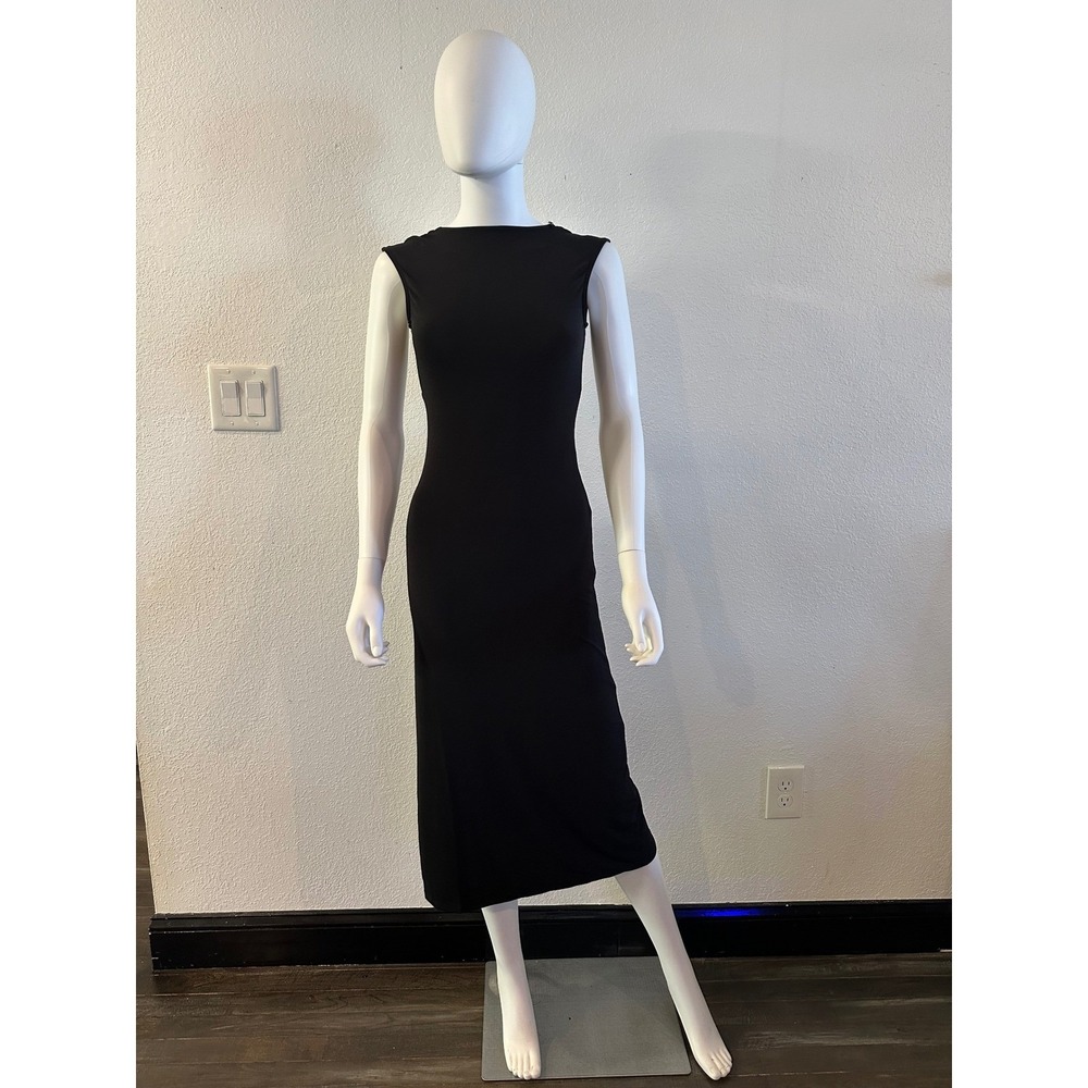 Noisy May Women Black Open Back Midi Dress Sleeveless Boat Neck Ruched Slit